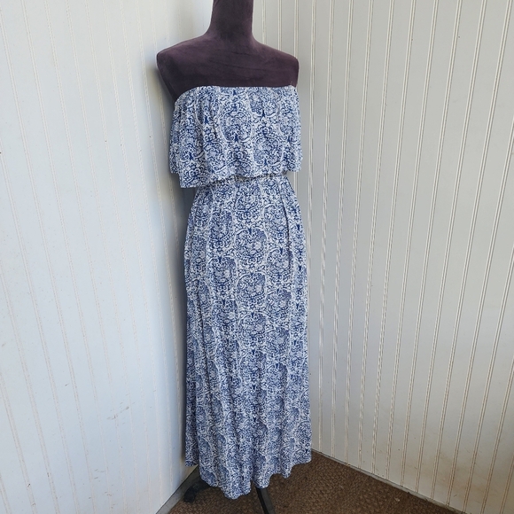 Yidarton Women Blue White Strapless Floral Off The Shoulder Maxi Dress Size L - Picture 2 of 13